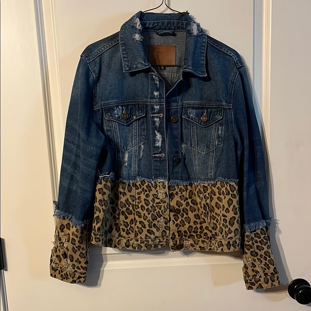 Distressed Denim and Leopard Print Jacket